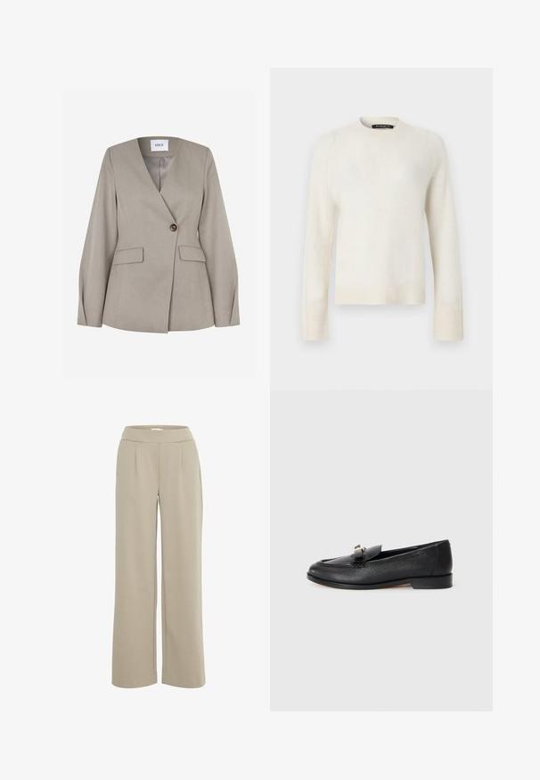 Blazer tailored gris clair avec un col à crans, fermeture à un bouton, deux poches avant et manches longues. Tissu lisse avec un design formel.; Pull blanc à manches longues avec col rond, poignets et ourlet côtelés, présenté sur un fond clair uni.; Pantalon beige à jambes larges avec taille haute et plis devant, confectionné dans un tissu doux et lisse.; Mocassin en cuir noir avec une finition texturée, bout rond et un accent métallique décoratif sur le devant. Semelle à profil bas.