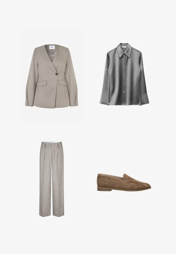 Lichtgrijs getailleerd blazer met een notched reverskraag, enkele knoopsluiting, twee voorzakken en lange mouwen. Soepele stof met een formeel ontwerp.; Grijs satijnen overhemd met lange mouwen, een puntige kraag, knoopsluiting en wijde manchetten. Gladde textuur met een subtiele glans.; Second Female JUN - Broek - trench coat; Bruine suède instapsloffen met lage hak en afgeronde neus, zijaanzicht tegen een witte achtergrond.