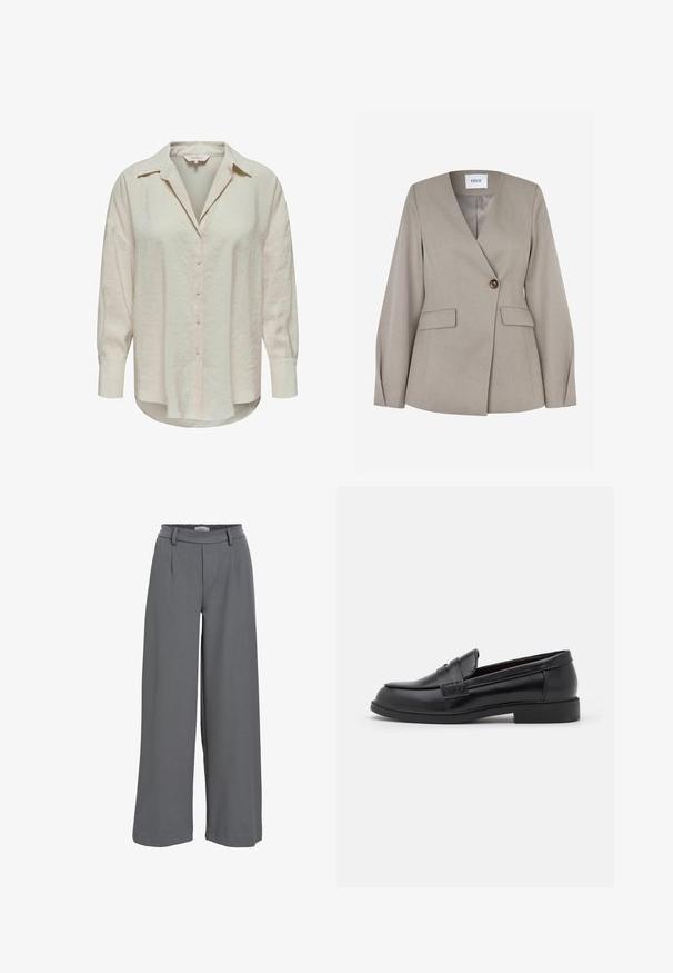 Lysegrå skræddersyet blazer med notch-krave, enkelt knaplukning, to frontlommer og lange ærmer. Glat stof med et formelt design.; Lys beige skjorte med knapper og krave, lange ærmer og et let struktureret stof. Har en buet kant og knapper foran.; Breddebenede bukser i lyst grå stof med smocket talje, frontfald og en glat, blød tekstur.; Sorte læder loafers med en glat overflade, rund tå, syet detalje på overdelen og en lav, flad gummisål.