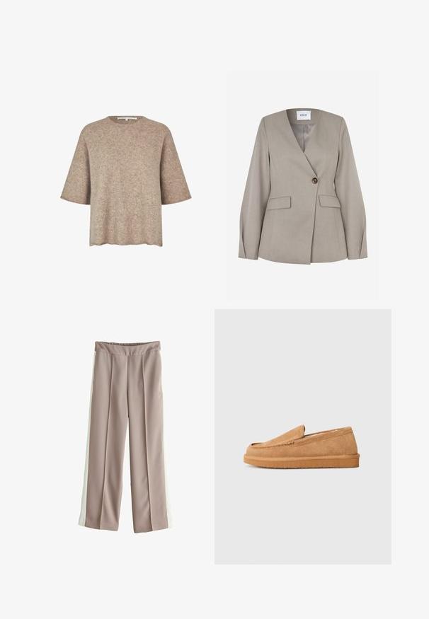 Lysegrå skræddersyet blazer med notch-krave, enkelt knaplukning, to frontlommer og lange ærmer. Glat stof med et formelt design.; Lysebrune, kortærmede top lavet af blød stof med rund halsudskæring og lige kant, med en subtil struktur hele vejen rundt.; Taupe bukser med brede ben og hvide sidelommer, med elastisk talje og forreste sømdetaljer.; Lysbrune ruskinds slip-on slippers med rund tå og skrå bagkant, der har en stikning over det øverste og en flad gummisål.