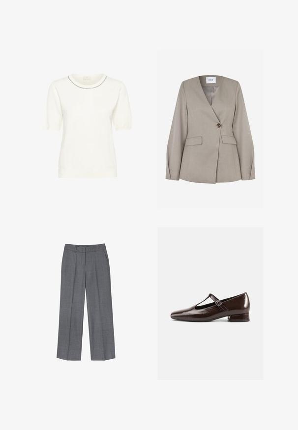Lysegrå skræddersyet blazer med notch-krave, enkelt knaplukning, to frontlommer og lange ærmer. Glat stof med et formelt design.; Hvid strikket sweater med rund halsudskæring, korte puffærmer og en dekorativ kant langs kraven. Blød tekstur og tætsiddende design.; Grå vide bukser lavet af tekstureret stof, med en frontfold, bæltesløjfer og sidelommer. Skræddersyet pasform med lige snit.; Brune Mary Jane-sko i laklæder med en rundet tå, udskæringsdesign og justerbar rem. Lav blokhæl.