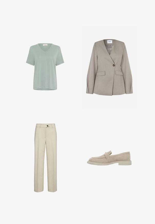 Hellgrauer, maßgeschneiderter Blazer mit Notch-Revers, Ein-Knopf-Verschluss, zwei Fronttaschen und langen Ärmeln. Glatter Stoff mit formellem Design.; Weiches, hellgrünes T-Shirt mit V-Ausschnitt und kurzen Ärmeln. Hergestellt aus glattem Stoff, mit lockerer Passform und minimalen Nähten.; Cremefarbene Hosen mit geradem Bein, Fronttaschen, einem einzelnen Knopfverschluss und Gürtelschlaufen, gefertigt aus einem glatten Stoff.; Beige Wildlederloafers mit einer glatten Oberfläche, genähten Details und einer Gummisohle. Mit einer erhöhten Zunge und minimalistischen Designelementen.
