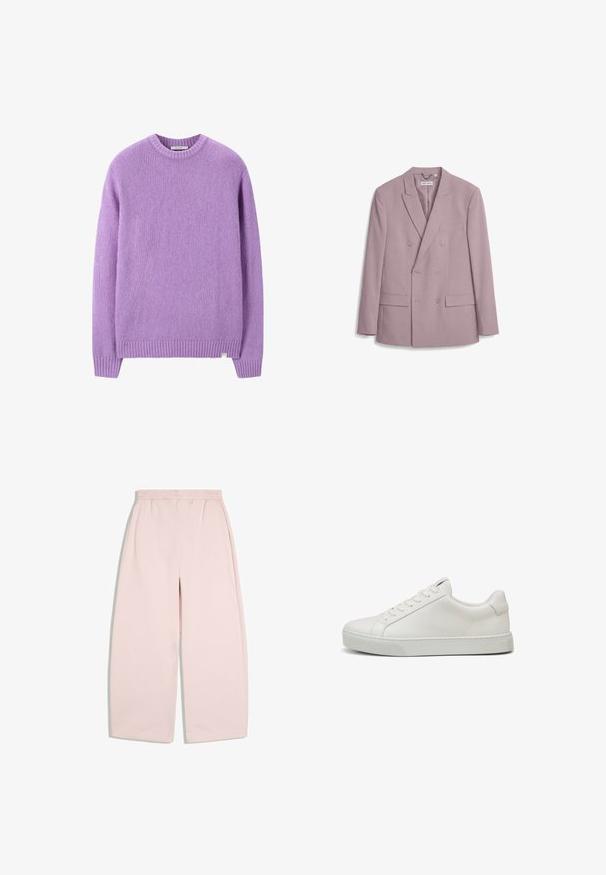 Dubbelrijige mauve blazer met inkeping revers, vier knopen aan de voorkant, twee klepzakken en één borstzak, getoond op een witte achtergrond.; Paars gebreid truitje met een ronde halslijn, geribbelde boorden en onderrand, voorzien van een textuurstof en een klein label linksonder.; Lichtroze wijde broek met elastische tailleband en zijzakken, plat uitgespreid op een witte achtergrond.; Witte leren lage sneaker met witte veters en een gestructureerde rubberen zool, zijaanzicht op een witte achtergrond.