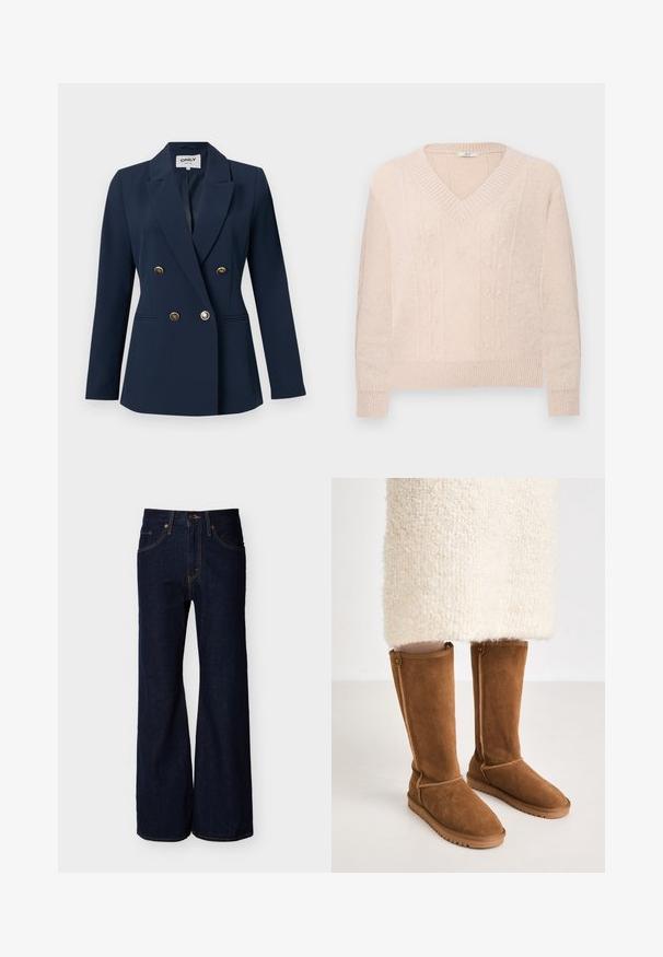 Marineblauw dubbelreeks colbert met gouden knopen, inkeping revers, lange mouwen en twee voorste steekzakken.; Lichtbeige gebreide trui met V-hals, geribbelde mouwen en zoom, met subtiele verticale bloemige kabelpatronen op de voorkant.; Donkerblauwe spijkerbroek met hoge taille, wijd uitgesneden pijpen, voorzakken, knoop- en ritssluiting.; Knee-high bruine suède laarzen met een gladde textuur, voorzien van zijstiksels en een rubberen zool voor grip.