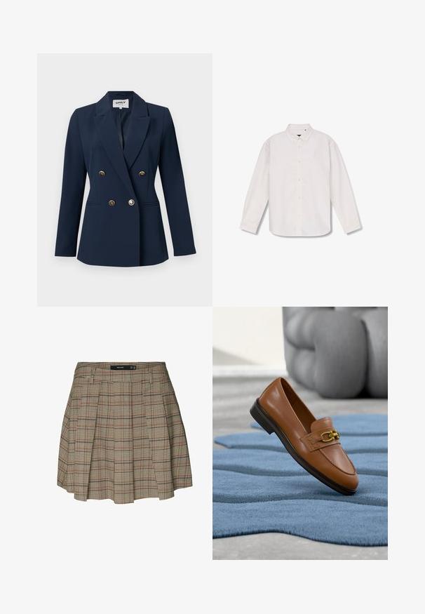 Marineblå dobbeltradet blazer med guldknapper, hakrevers, lange ærmer og to forlommer med slidser.; Langærmet hvid skjorte med knapper, spids krave, fuld knaplukning foran og enkelt design, lagt fladt på hvid baggrund.; Vero Moda VMELLIE Mid waist Mini - A-snit nederdel - silver mink; Brune læderloafers med en guldkæde, afrundet tå og en lav sort sål, placeret på et blåt tekstureret tæppe.