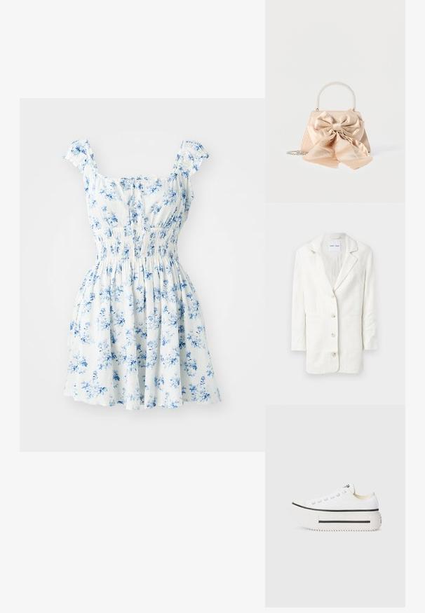 Blazer blanco hecho de una tela liviana, con un diseño de un solo botón, solapas con muesca y tres botones frontales con ojales a juego.; Vestido floral con mangas cortas de volantes, tejido blanco estampado con flores azules, cintura fruncida y falda acampanada.; Zapatillas de plataforma de lona blanca con suela de goma negra, puntera redonda y ojetes metálicos, que presentan un diseño simple y limpio.; Bolso de satén beige con un gran lazo decorativo a juego, asa con cuentas de perlas y correa de cadena plateada sobre fondo blanco.