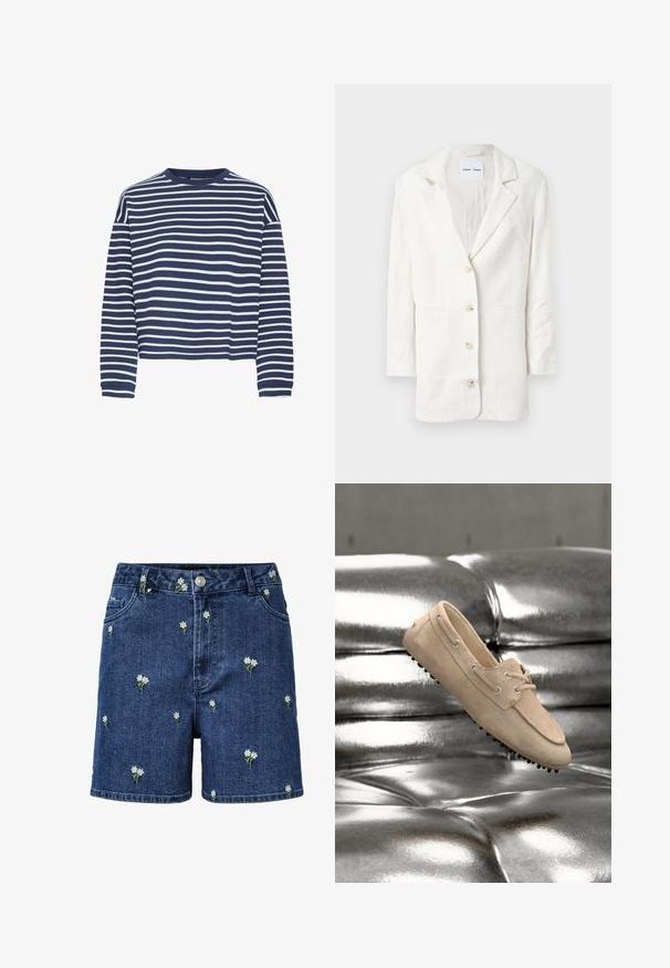 Blazer blanco hecho de una tela liviana, con un diseño de un solo botón, solapas con muesca y tres botones frontales con ojales a juego.; Top de manga larga azul marino con rayas horizontales blancas, cuello redondo y dobladillo corto. El tejido parece suave con un acabado texturizado.; Pantalones cortos de mezclilla azul con bolsillos frontales y cierre de botón, decorados con pequeños bordados de margaritas blancas dispersos por la tela.; Mocasín beige de ante con detalle de cordones y suela de goma con tachuelas, colocado sobre una superficie acolchada metálica plateada brillante.