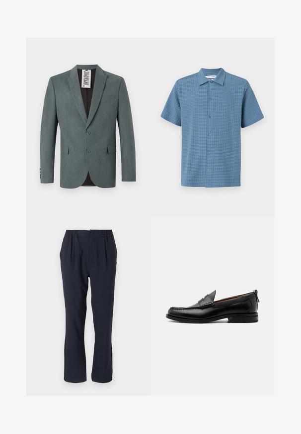 Grau strukturierter Blazer mit Reverskragen, zweiknöpfiger Vorderseite und Fronttaschen. Innen ist er dunkelbraun mit einem sichtbaren Pflegeetikett.; Kurzärmliges Hemd mit Knopfleiste in Hellblau, aus strukturiertem Stoff, mit einem Karomuster und einem klassischen Kragen. Sechs Knopfverschlüsse an der Vorderseite.; Himmelblaues Hosen aus weichem Stoff mit einem elastischen Bund, ausgestattet mit vorderen Falten und einem geraden Bein-Design.; Schwarzer Leder-Herrenschuh mit Mokassinnaht, Penny-Riemen, strukturiertem Kragen und niedrigem gestapeltem Absatz auf weißem Hintergrund.