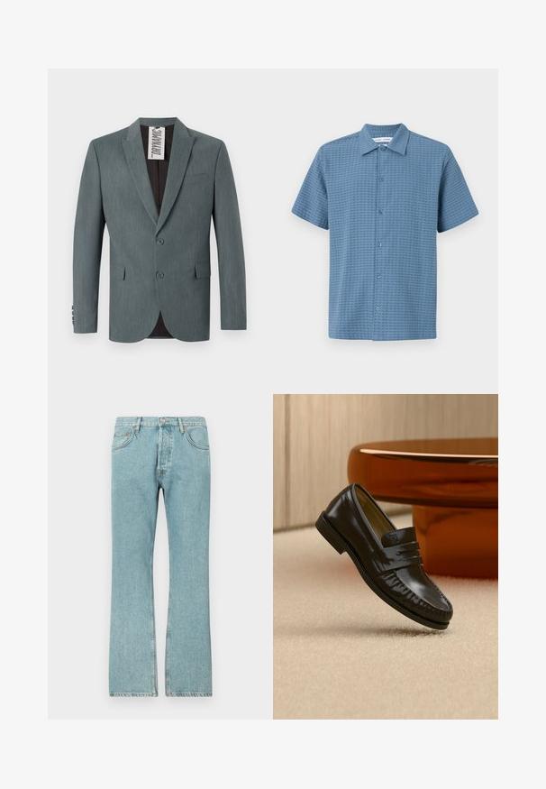 Grau strukturierter Blazer mit Reverskragen, zweiknöpfiger Vorderseite und Fronttaschen. Innen ist er dunkelbraun mit einem sichtbaren Pflegeetikett.; Kurzärmliges Hemd mit Knopfleiste in Hellblau, aus strukturiertem Stoff, mit einem Karomuster und einem klassischen Kragen. Sechs Knopfverschlüsse an der Vorderseite.; Hellblaue Jeans aus Denim mit geradem Schnitt, ausgestattet mit fünf Taschen und einem Knopfverschluss. Sichtbare Nähte und fransiger Saum.; Glänzender schwarzer Leder-Loafer mit einem Riemendetail, auf einem beigen Teppich neben einem runden braunen Couchtisch in einem sanft beleuchteten Raum platziert.