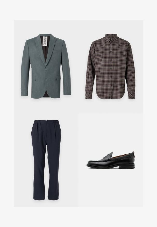Blazer gris texturizado con solapa muesca, cierre de dos botones y bolsillos frontales. El interior es de color marrón oscuro con una etiqueta de cuidado visible.; Camisa de franela de manga larga en verde oscuro, con un patrón a cuadros que incluye líneas rosas y blancas, cierre de botones y un bolsillo en el pecho.; Pantalones azul marino hechos de una tela suave con una cinturilla elástica, que cuentan con pliegues frontales y un diseño de pierna recta.; Mocasín de hombre de piel negra con costura moc toe, tira penny, cuello texturizado y tacón bajo apilado sobre fondo blanco.