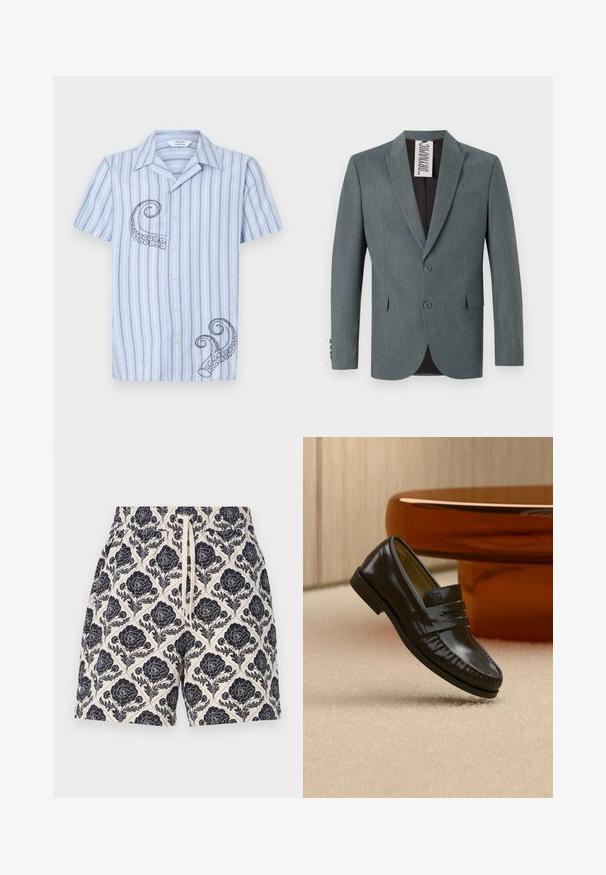 Blazer gris texturizado con solapa muesca, cierre de dos botones y bolsillos frontales. El interior es de color marrón oscuro con una etiqueta de cuidado visible.; Camisa de manga corta a rayas en azul claro con bordado de pulpo negro en el lado izquierdo y diseño de botones en el frente.; Pantalones cortos impresos en crema con un diseño floral en azul marino, que cuentan con una cinturilla elástica y cordón, hechos de tela ligera.; Mocasín de cuero negro brillante con detalle de correa, colocado sobre una alfombra beige cerca de una mesa de café redonda marrón en una habitación con iluminación suave.