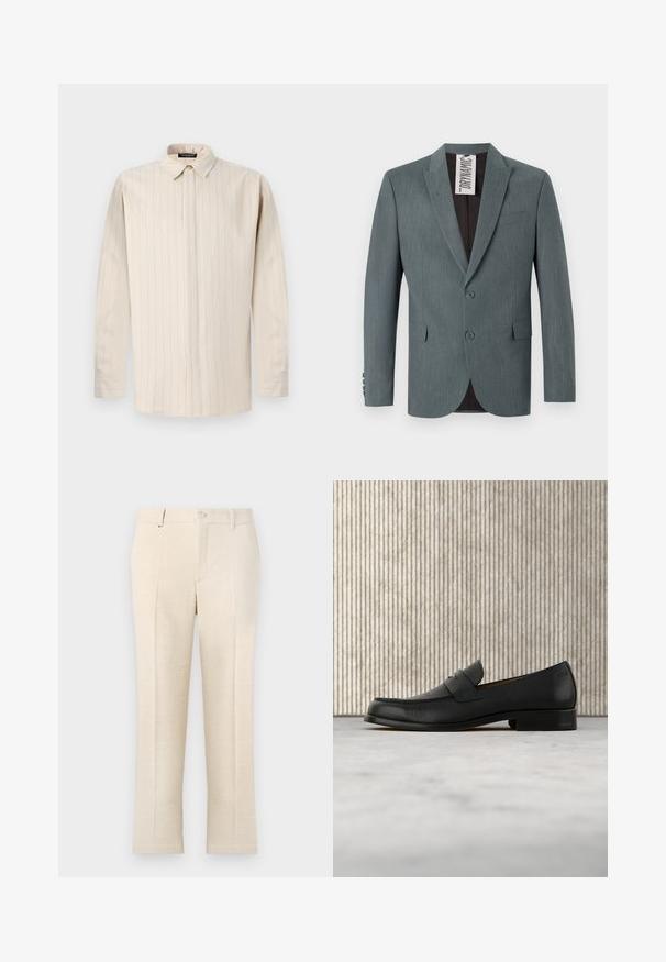 Grå, tekstureret blazer med klapkrave, to-knap lukning og forlommer. Indvendigt er den mørkebrun med et synligt plejelabel.; Lyse beige langærmet skjorte med knapkrave, der har lodrette striber, lige snit og enkeltknapsmanchetter.; Beige skræddersyede bukser i en tekstureret stof, med lynlås i gylfen, to frontlommer og et slankt, lige ben-design.; Sort lædersko i loafer-stil svæver over et beige tæppe med et blankt brunt rundt bord i baggrunden.