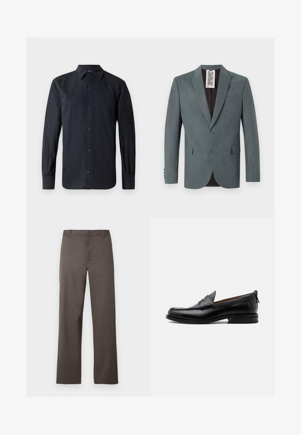 Blazer gris texturizado con solapa muesca, cierre de dos botones y bolsillos frontales. El interior es de color marrón oscuro con una etiqueta de cuidado visible.; Camisa negra de manga larga con cuello estándar, cierre frontal con botones, hecha de tela suave, con corte recto y puños abotonados.; Pantalones de algodón marrón con diseño de pierna recta, con trabillas para cinturón y textura suave. Sin patrones visibles ni detalles de herrajes.; Mocasín de hombre de piel negra con costura moc toe, tira penny, cuello texturizado y tacón bajo apilado sobre fondo blanco.