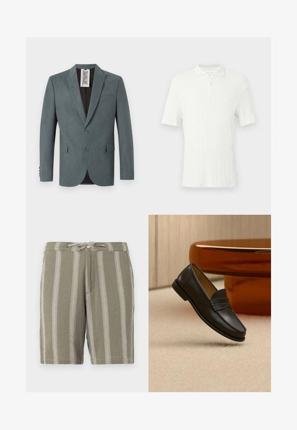 Blazer gris texturizado con solapa muesca, cierre de dos botones y bolsillos frontales. El interior es de color marrón oscuro con una etiqueta de cuidado visible.; Camiseta blanca de manga corta tipo polo con textura acanalada, cuello con solapa y cierre de un solo botón en la parte superior.; Pantalones cortos verdes de tela texturizada, con rayas blancas verticales, una cinturilla ajustable con cordón y bolsillos laterales inclinados.; Zapato mocasín de cuero negro suspendido sobre una alfombra beige con muebles modernos de color ámbar en el fondo.