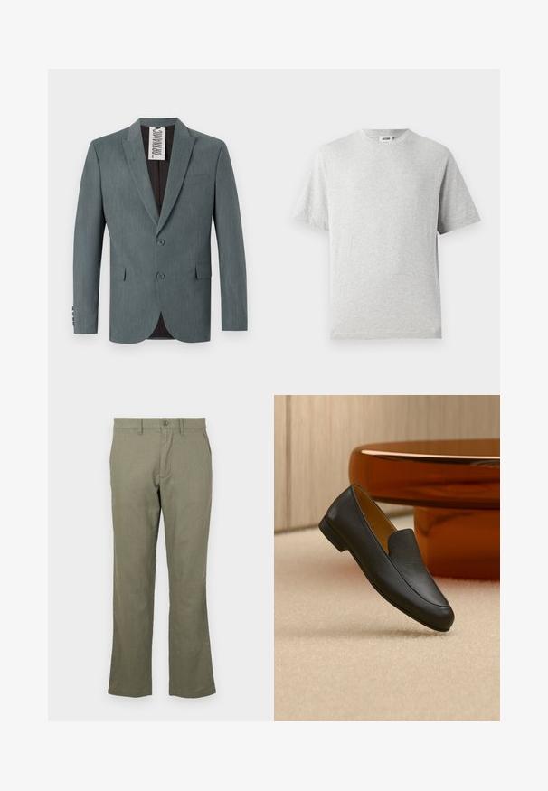 Blazer gris texturizado con solapa muesca, cierre de dos botones y bolsillos frontales. El interior es de color marrón oscuro con una etiqueta de cuidado visible.; Camiseta gris de manga corta hecha de tela suave. Presenta un cuello redondo, un corte relajado y no tiene patrones ni logotipos. Textura suave en toda la prenda.; Pantalones casuales de color verde oliva, hechos de una tela suave. Cuentan con un corte recto, bolsillos frontales y un cierre de botón. Sin patrones visibles.; Zapato tipo mocasín de cuero negro descansando sobre una alfombra beige con una mesa circular marrón brillante al fondo.