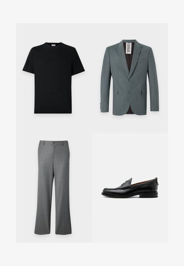 Grijze, gestructureerde blazer met een notch-revers, een twee-knopen voorkant en voorzakken. De binnenkant is donkerbruin met een zichtbare verzorgingslabel.; Eenzwarte korte mouwen T-shirt met ronde hals, plat weergegeven tegen een witte achtergrond, met een klein merkje binnenin de kraag.; Grijze pinstripe broeken met een ontspannen pasvorm, voorzien van een knoopsluiting, riemlussen en subtiele lichtblauwe strepen verspreid over de stof.; Zwarte leren herensloffen met moc toe stiksel, pennyriem, gestructureerde kraag en lage gestapelde hak op witte achtergrond.