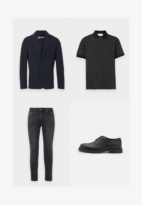 Marineblaues Herrenblazer mit Notch-Revers, zwei vorderen Knöpfen, zwei aufgesetzten Taschen und einer Brustleistentasche, mit Just Cavalli-Etikett im Innenkragen.; Schwarzes Polohemd mit kurzen Ärmeln, feinem dunkelgrauem Allover-Muster und einfarbigem schwarzen Kragen sowie Ärmelbündchen, Knopfleiste vorne.; Schmal geschnittene schwarze Jeans mit fünf Taschen und einem Knopf- und Reißverschluss, vor einem schlichten weißen Hintergrund präsentiert.; Emporio Armani LACED SHOE - Schnürer - nero