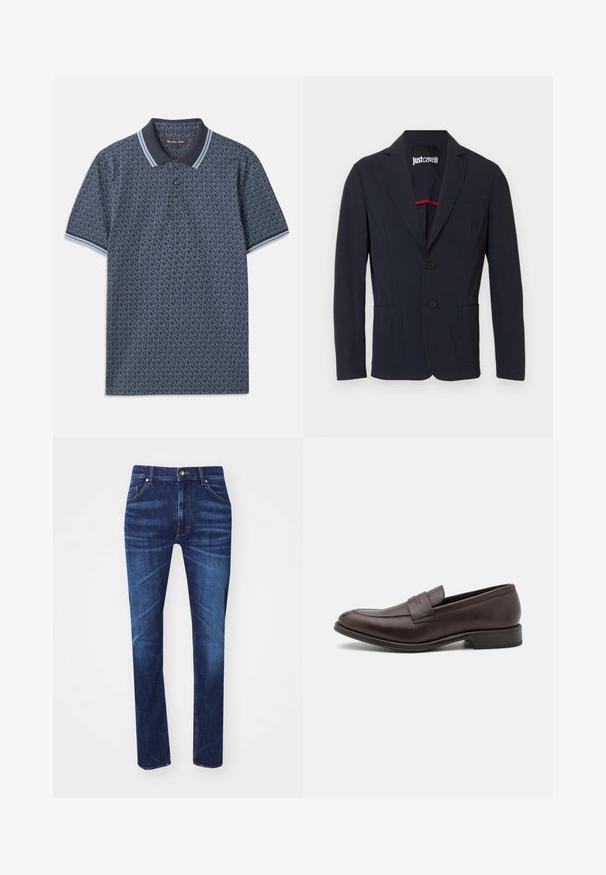 Blazer azul marino para hombre con solapas con muesca, dos botones delanteros, dos bolsillos de parche y un bolsillo de ojal en el pecho, con la etiqueta Just Cavalli en el interior del cuello.; Camisa polo de color azul marino con un patrón geométrico. Presenta un cuello acanalado con acentos en azul claro y una tapeta de tres botones. Fabricada en una tela suave.; Jeans de mezclilla azul oscuro con un diseño de pierna recta, con cinco bolsillos, costuras naranjas en contraste y un cierre clásico de botón metálico.; Mocasin de cuero marrón con un acabado suave, detalles de costura en la puntera y un tacón bajo apilado. Diseño minimalista sin marca visible.
