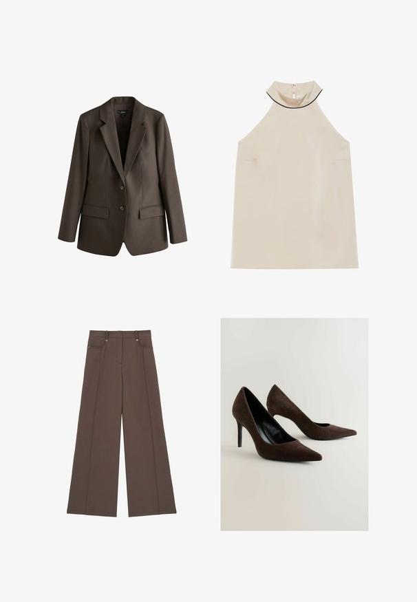Dunkelbrauner, maßgeschneiderter Blazer mit Stulpkragen, Zwei-Knopf-Verschluss, langen Ärmeln und Pattentaschen auf beiden Seiten.; Beige ärmelloses Halsbandoberteil aus glattem Stoff mit hohem Kragen und einem Reißverschluss auf der Rückseite, das ein minimalistisches Design ohne sichtbare Muster aufweist.; Sich weit ausstellende Hose aus dunkelbraunem Stoff, mit flachem Vorderteil, zwei Fronttaschen und dezenten Steppdetails, mit einer glatten Textur.; Braune Wildleder High Heels mit einer spitzen Zehenform und einer eleganten Silhouette. Die Schuhe verfügen über ein glänzendes schwarzes Innenfutter und einen schlanken Stiletto-Absatz.