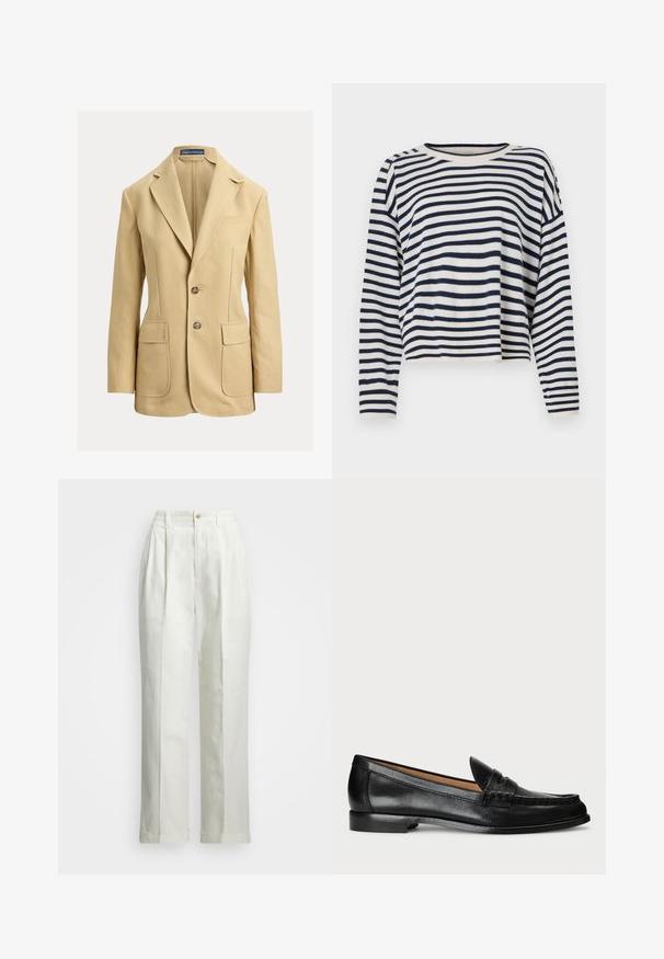 Beige hørblazer med notch-krave, lukning med to knapper, to forlommer og en enkelt brystlomme. Glat tekstur, skræddersyet pasform.; Langærmet sweater i bomuld med marineblå og cremefarvede vandrette striber, rund halsudskæring og cropped design med ribstrikkede detaljer.; Hvide bukser lavet af et glat stof med høj talje, brede ben, frontfolder og en rullet kant. Enkel knaplukning i taljen.; Lauren Ralph Lauren WYNNIE - Loafers - black