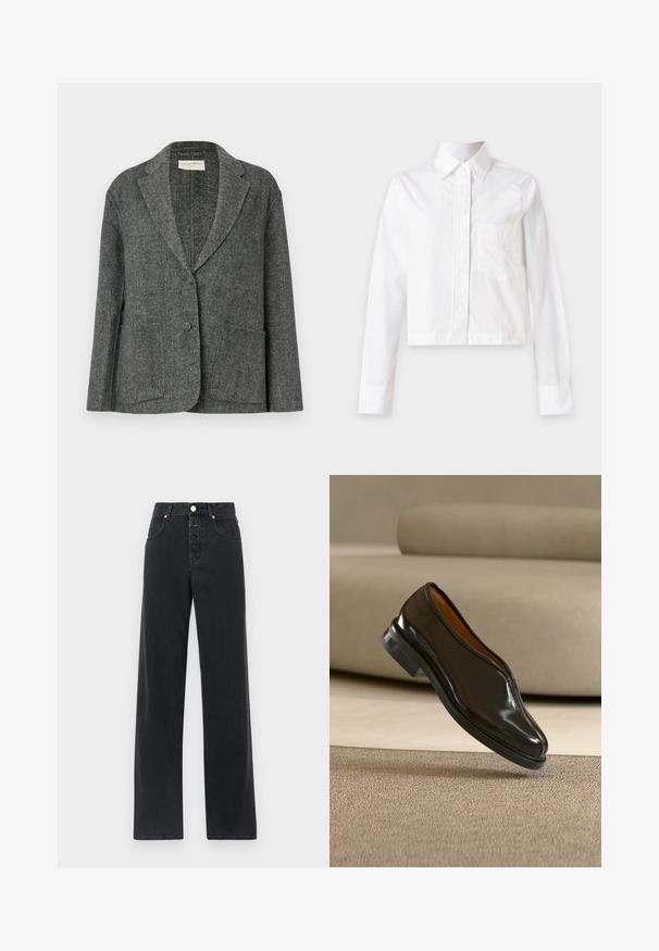 Blazer en chevrons gris fabriqué à partir d'un tissu texturé, avec un revers cranté, deux poches avant et une fermeture à un bouton.; Chemise blanche à manches longues avec boutons, col et poche poitrine, présentée à plat sur un fond gris clair.; Jean en denim noir avec taille haute, coupe droite, design à cinq poches, coutures visibles et fermeture à bouton en métal.; Chaussure habillée en cuir noir à enfiler flottant au-dessus d’un tapis beige avec un canapé beige courbé en arrière-plan.