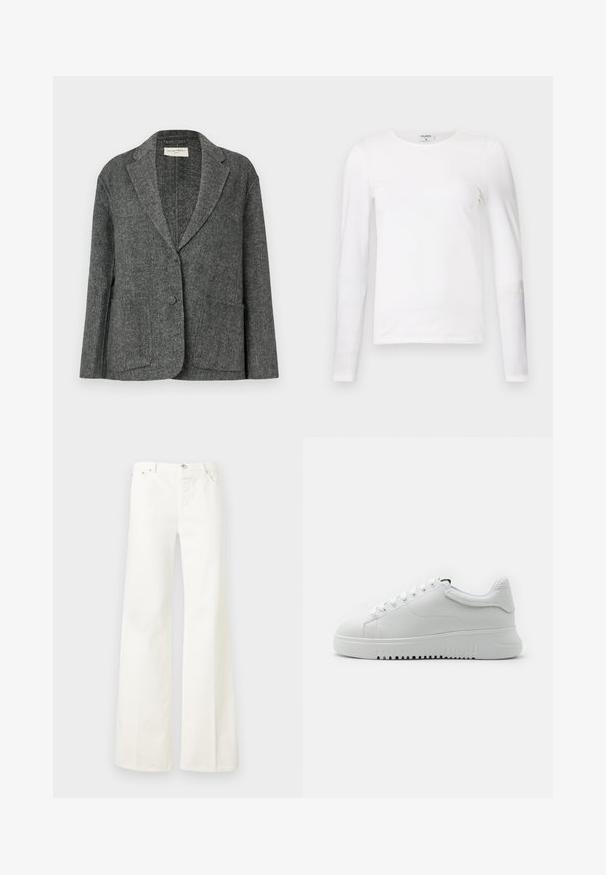 Blazer en chevrons gris fabriqué à partir d'un tissu texturé, avec un revers cranté, deux poches avant et une fermeture à un bouton.; T-shirt blanc à manches longues en coton doux, avec un col rond et une coupe ajustée, présentant des coutures propres et sans motifs visibles.; Pantalon blanc taille haute à jambes larges, avec fermeture à boutons et zip sur le devant, passants de ceinture et poches latérales, présenté sur un fond uni.; Baskets blanches avec une tige en cuir texturé, bout rond et lacets. Semelle en caoutchouc blanc épaisse avec un motif de traction texturé.