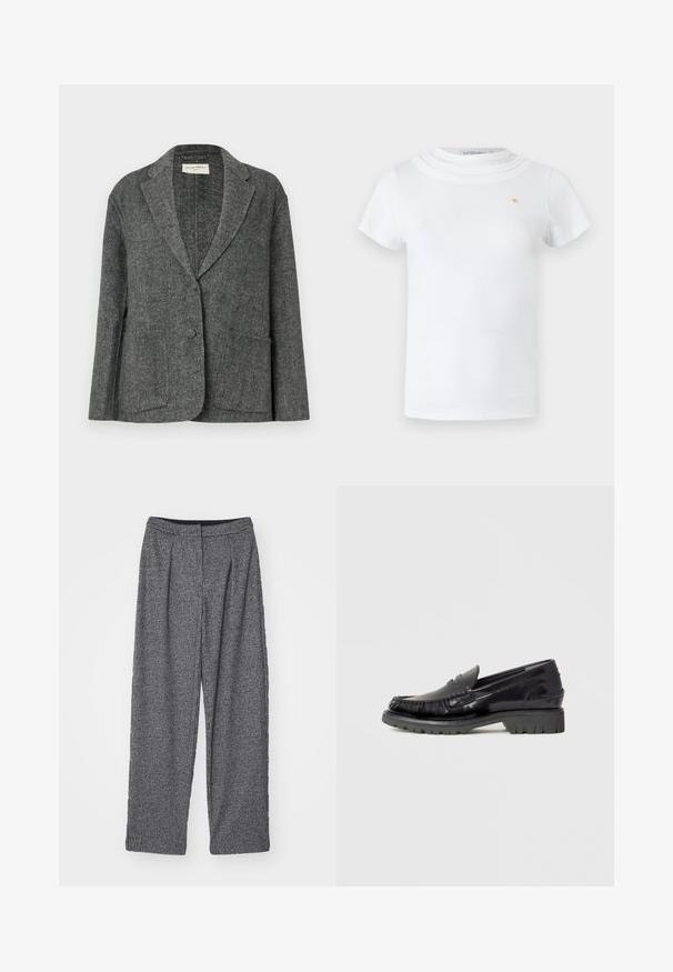 Grau gestreifter Blazer aus strukturiertem Stoff, mit Reverskragen, zwei vorderen Taschen und einem einreihigen Knopfverschluss.; Weißes Kurzarm-T-Shirt mit rundem, geschichtetem Ausschnitt und kleinem goldfarbenem Emblem auf der linken Brust.; Grau karierte Hose mit hohem Bund, weit geschnitten und mit Falten. Hergestellt aus strukturierter Stoff mit einem monochromen Muster.; Schwarzer Lederloafer mit einem Obermaterial im Mokassinstil, strukturiertem Fransen-Detail und einer dicken schwarzen Gummisohle. Glatte Oberfläche, abgerundete Spitze.