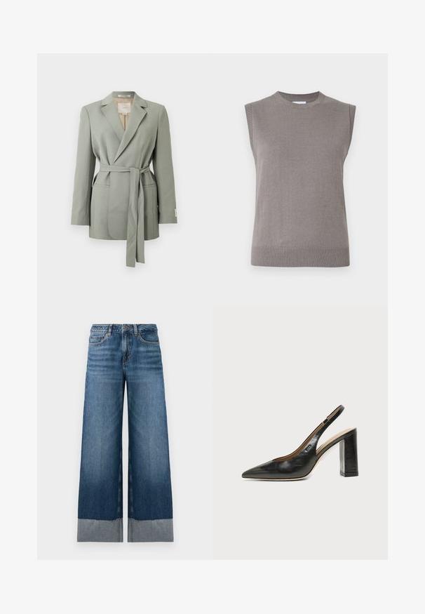Blazer gris claro con cinturón, cuello con solapa, mangas largas y bolsillos delanteros, exhibido sobre un fondo blanco liso.; Suéter de punto gris sin mangas con cuello y dobladillo acanalados. Textura suave, corte recto y diseño minimalista sin adornos.; Vaqueros de pierna ancha en azul con un degradado de denim oscuro a claro, presentando un dobladillo sin acabar y sutilezas en los detalles de costura. Diseño clásico de cinco bolsillos.; Zapato slingback de piel negra con puntera puntiaguda, tacón alto y ancho, y forro interior beige sobre un fondo claro y liso.
