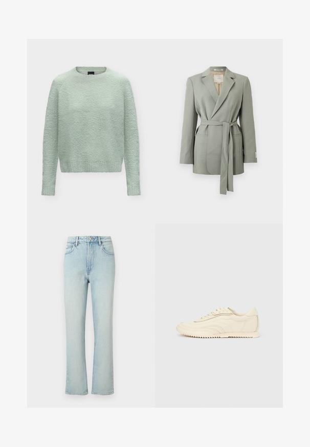 Blazer gris clair ceinturé avec col à revers, manches longues et poches avant, présenté sur un fond blanc uni.; Pull à col rond à manches longues texturé vert clair avec une apparence douce et duveteuse et un ourlet et des poignets côtelés.; Jean bleu clair taille haute à jambes droites avec bouton avant, passants de ceinture et design classique à cinq poches sur fond uni.; Baskets basses de couleur crème avec des coutures ondulées, une fermeture à lacets et une semelle crantée, vues de côté sur un fond uni.