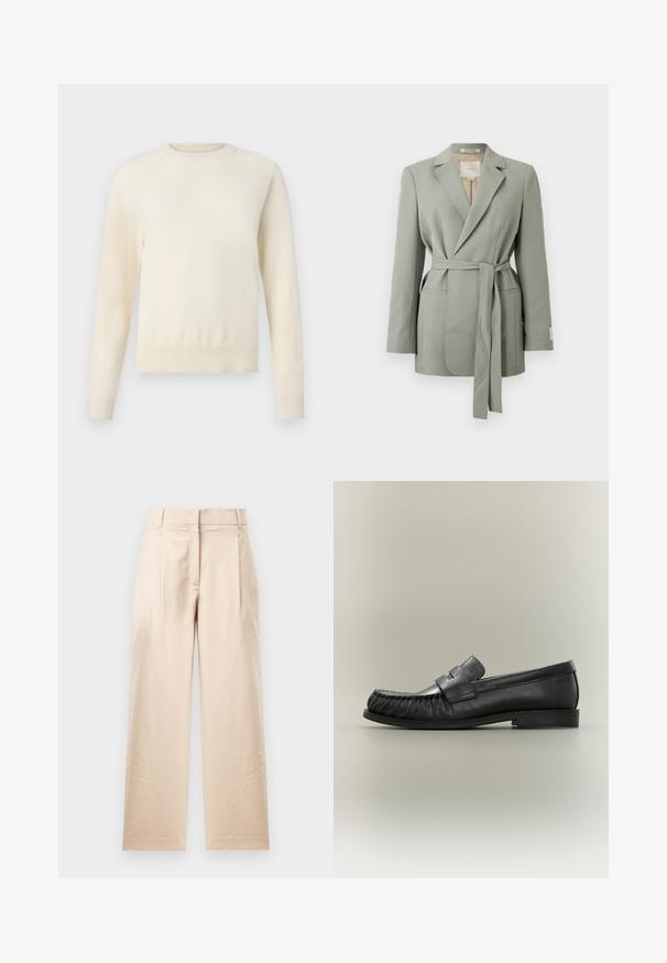 Blazer gris clair ceinturé avec col à revers, manches longues et poches avant, présenté sur un fond blanc uni.; Pull crème clair à manches longues, col rond et ourlet côtelé. Fabriqué en matériau doux, avec une texture lisse.; Pantalon beige en tissu lisse. Présente une coupe droite, un devant plat et deux plis. Sans motifs visibles ni accessoires.; Mocassin penny en cuir noir avec détail plissé au bout et talon bas empilé, vu de côté sur un fond neutre.