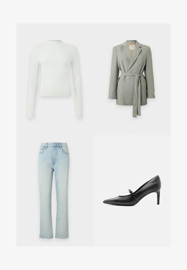 Lysegrå blazer med bælte, reverskrave, lange ærmer og forlommer, vist på en ensfarvet hvid baggrund.; Lys grøn, ribbet bluse med lange ærmer, høj hals og et lille broderet logo på brystet. Casual pasform og tekstureret stof.; Lyseblå jeans med høj talje og lige ben, med forreste knap, bæltestropper og klassisk femlomme design mod en ensfarvet baggrund.; Sort læderspids højhælede sko med tynd rem og spænde over vristen, stående på en neutral lys baggrund.