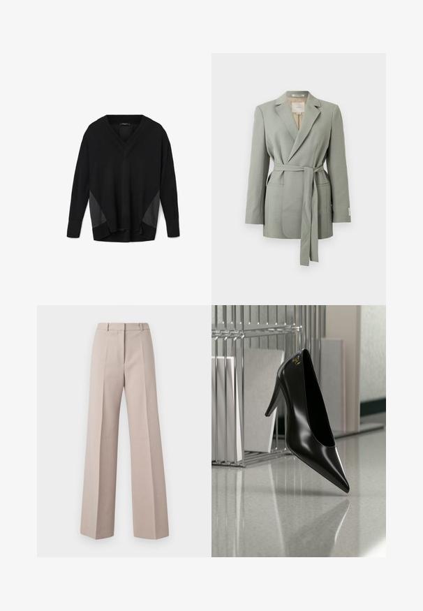 Lichtgrijze blazer met ceintuur, reverskraag, lange mouwen en voorzakken, getoond op een effen witte achtergrond.; Zwarte V-hals lange mouwen pullover met geribbelde manchetten en zoom, voorzien van satijnachtige zijpanelen en een relaxte, licht verhoogde pasvorm.; Beige wijde broek van een soepele stof, met een hoge taille, voorkreuken en een op maat gemaakte pasvorm.; Zwart hooggehakt schoen met puntige neus en gouden logo, geplaatst op een reflecterend oppervlak naast een verchroomde draadordner met documenten.