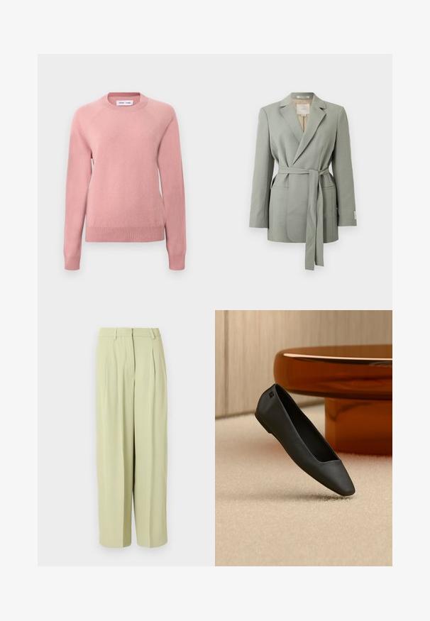 Blazer gris clair ceinturé avec col à revers, manches longues et poches avant, présenté sur un fond blanc uni.; Pull en maille rose pâle à col rond et manches longues, avec poignets et ourlet côtelés, présenté sur un fond clair uni.; Pantalon large taille haute beige clair avec plis, passants pour ceinture et fermeture éclair à l'avant.; Chaussure plate noire à bout pointu reposant sur un tapis beige près d'une table ronde de couleur ambre dans un décor minimaliste.