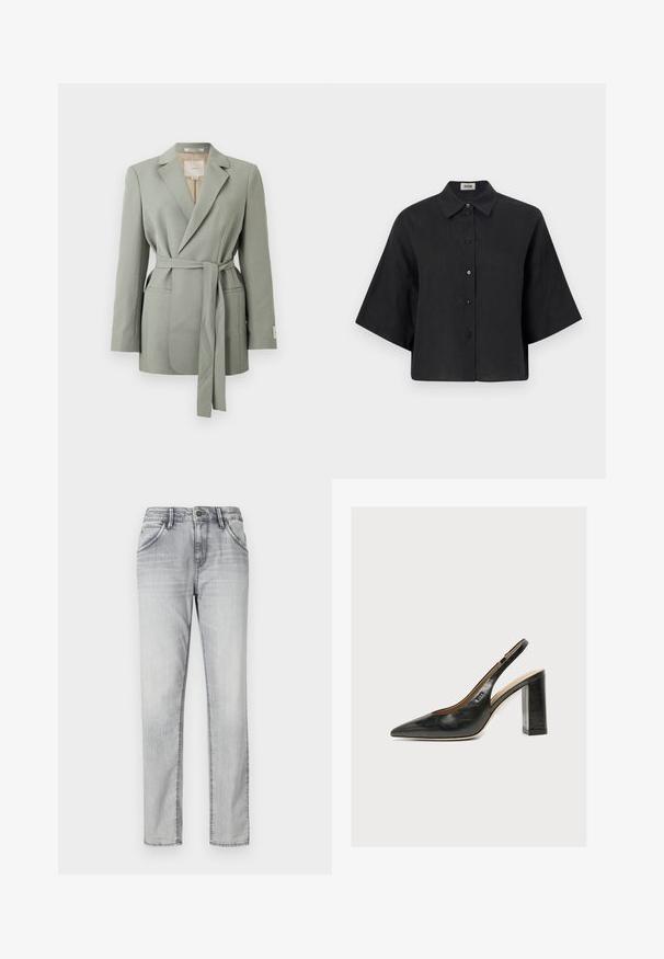 Hellgrauer Blazer mit Gürtel, Reverskragen, langen Ärmeln und Fronttaschen, präsentiert vor einem schlichten weißen Hintergrund.; Schwarzes Leinen-Cropped-Shirt mit spitzem Kragen, kurzen Ärmeln und vorderer Knopfverschluss. Hat eine lockere Passform und eine glatte Textur.; Graue Jeans aus Denim mit klassischem Schnitt, ausgestattet mit einem Knopfverschluss, fünf Taschen und subtilen Auswaschungen für Textur. Gerader Beinansatz.; Schwarzer Leder-Damenslingback-Schuh mit spitzer Zehenpartie und dickem hohem Blockabsatz vor weißem Hintergrund.