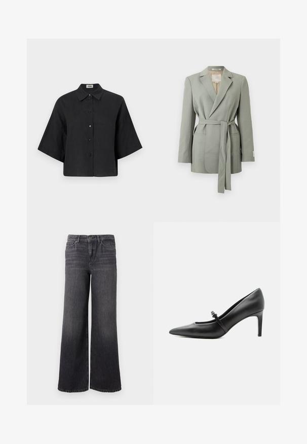 Blazer gris clair ceinturé avec col à revers, manches longues et poches avant, présenté sur un fond blanc uni.; Chemise cropped en lin noir avec un col pointu, des manches courtes et une fermeture par boutons sur le devant. Elle possède une coupe décontractée et une texture lisse.; Jean en denim gris foncé à jambe large avec un dégradé subtil, doté d'une fermeture à bouton, de cinq poches et d'un ourlet droit au niveau de la cheville.; Escarpin noir en cuir à bout pointu avec une fine bride et une boucle sur le cou-de-pied, posé sur un fond clair neutre.