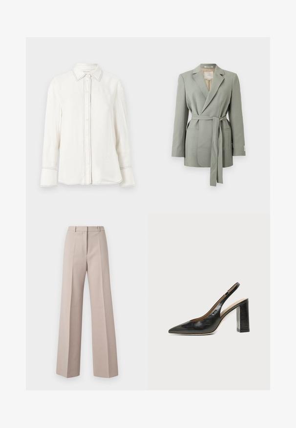 Blazer gris clair ceinturé avec col à revers, manches longues et poches avant, présenté sur un fond blanc uni.; Chemise blanche à manches longues en tissu lisse avec un bouton à l'avant, un col pointu et des coutures noires contrastantes le long de la patte de boutonnage et des poignets.; Pantalons beige à jambes larges en tissu lisse, avec une taille haute, des plis avant et une silhouette ajustée.; Chaussure slingback en cuir noir à bout pointu avec un talon bloc haut et une doublure intérieure beige sur un fond clair uni.