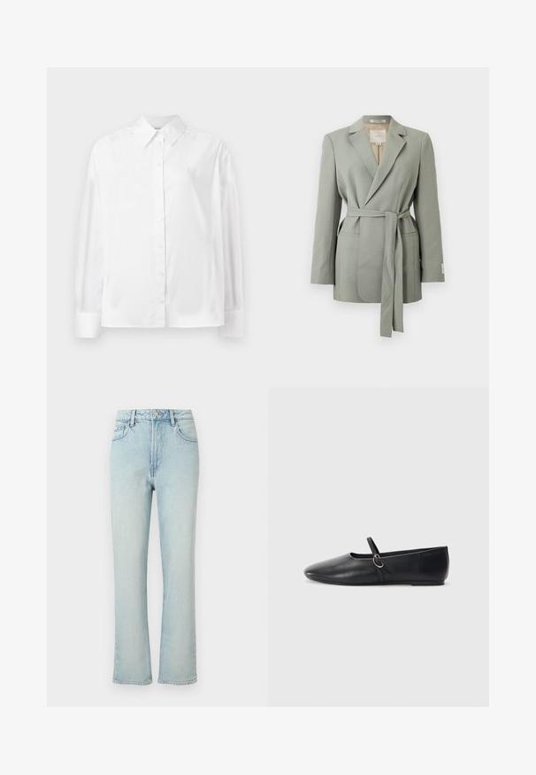 Blazer gris claro con cinturón, cuello con solapa, mangas largas y bolsillos delanteros, exhibido sobre un fondo blanco liso.; Camisa blanca de manga larga con botones, hecha de una suave mezcla de algodón. Cuenta con un cuello clásico, cierre frontal con botones y puños redondeados.; Vaqueros azul claro de tiro alto y pierna recta con botón frontal, trabillas para cinturón y diseño clásico de cinco bolsillos sobre un fondo liso.; Bailarinas de cuero negro con punta afilada, suela plana y una pequeña correa con detalle de hebilla plateada.