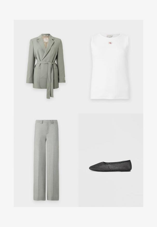 Hellgrauer Blazer mit Gürtel, Reverskragen, langen Ärmeln und Fronttaschen, präsentiert vor einem schlichten weißen Hintergrund.; Weißes ärmelloses geripptes Tanktop mit kleinem roten und schwarzem Calvin Klein Logo, zentriert unterhalb des Halsausschnitts.; Graue, weit geschnittene Hosen aus leichtem Stoff, mit flachem Bund, Gürtelschlaufen und sauberen, maßgeschneiderten Linien ohne sichtbare Muster.; Schwarze Mesh-Ballerinas mit spitzer Zehe, strukturiertem Obermaterial mit geometrischem Muster und flacher Gummisohle.