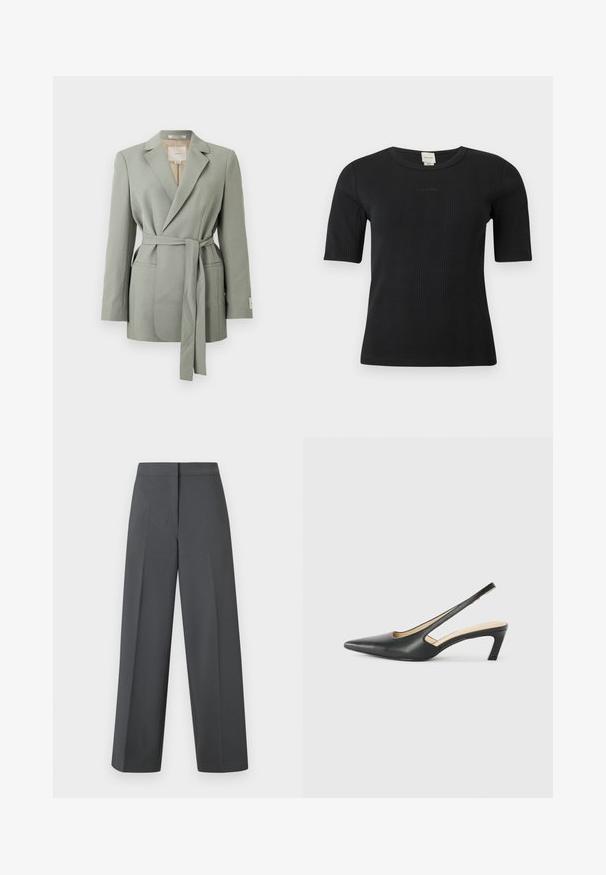 Lysegrå blazer med bælte, reverskrave, lange ærmer og forlommer, vist på en ensfarvet hvid baggrund.; Sort ribbet Calvin Klein top med korte ærmer, rund halsudskæring og diskret logo broderet på brystet mod en ensfarvet baggrund.; Mørkegrå bukser med vide ben i glat stof, flad talje og diskrete sømdetaljer, med et poleret, skræddersyet design.; Sorte spidse slingback-sko med en lav hæl, lavet af glat læder og med udskæringer på siden for åndbarhed.