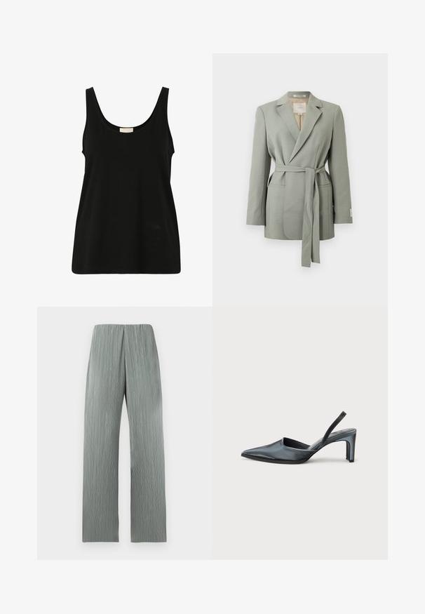 Hellgrauer Blazer mit Gürtel, Reverskragen, langen Ärmeln und Fronttaschen, präsentiert vor einem schlichten weißen Hintergrund.; Schwarzes ärmelloses Tank Top aus weichem Baumwollmaterial, mit einem runden Ausschnitt und lockerer Passform, ohne sichtbare Muster oder Hardware-Details.; Hellgraue, weit geschnittene Hose mit hoher Taille und vertikalen, strukturierten Linien, vor einem einfachen weißen Hintergrund präsentiert.; Schwarzer Slingback-Absatz mit spitzem Zehenbereich, eleganter Satinoptik und schlankem 7,5 cm Absatz. Offenes Seitendesign mit minimalen Nahtdetails.