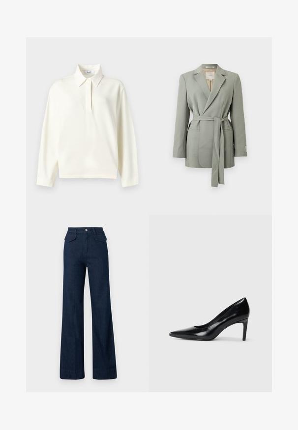 Blazer gris clair ceinturé avec col à revers, manches longues et poches avant, présenté sur un fond blanc uni.; Polo blanc à manches longues avec col pointu et patte de boutonnage dissimulée, présenté sur un fond clair uni.; Jean en denim à jambes larges de couleur bleu foncé avec une taille haute, fermeture à boutons devant et deux poches arrière. Texture lisse et coupe ajustée.; Chaussure à talon haut en cuir noir avec un bout pointu, texture lisse et un talon effilé. Design minimaliste, sans embellissements supplémentaires.