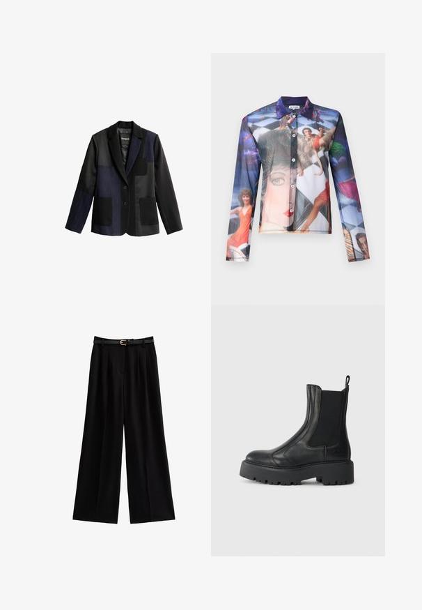 Schwarzer und marineblauer Patchwork-Blazer mit Nadelstreifen, Revers mit Kerbe, zwei Vordertaschen, zwei Knöpfen und einer kleinen Brusttasche.; Transparente Button-up-Bluse mit einem bunten fotografischen Druck von Personen in dynamischen Posen, mit klassischem Kragen und langen Ärmeln.; Weite schwarze Hosen aus weichem Stoff, mit scharfen Falten und einem strukturierten schwarzen Gürtel mit einer goldenen Schnalle.; Schwarze Lederknöchelstiefel mit elastischen seitlichen Einsätzen, einer abgerundeten Spitze und einer grob strukturierten Gummisohle. Mit einem Ziehschlaufen an der Rückseite.