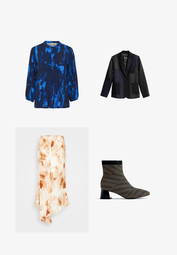 Blazer patchwork en negro y azul marino con rayas finas, solapa con muesca, dos bolsillos delanteros, dos botones y un pequeño bolsillo en el pecho.; Blusa de manga larga en azul oscuro con patrones abstractos en azul claro, cuello redondo y cierre de botones, hecha de una tela suave con una textura lisa.; Larga falda fluida de una tela ligera con un patrón abstracto que presenta tonos terrosos: blanco cremoso, naranja suave y manchas marrones.; Botín de tobillo a rayas negras y doradas con parte superior de punto, puntera afilada y un tacón grueso negro con un detalle metálico.