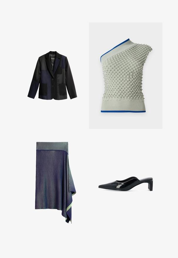 Schwarzer und marineblauer Patchwork-Blazer mit Nadelstreifen, Revers mit Kerbe, zwei Vordertaschen, zwei Knöpfen und einer kleinen Brusttasche.; Asymmetrisches Strickoberteil in Hellgrau mit erhabenem Texturmuster; verfügt über einen blauen Rippkragen und Saum. Einzigartige Details bereichern das Design.; Dunkelblauer gestrickter Rock mit sehr feinen weißen vertikalen Streifen und einem asymmetrisch drapierten Saum auf einer Seite.; Schwarzer Lackleder-Slingback-Schuh mit spitzem Zehenbereich und niedrigem Blockabsatz. Glatte Textur und minimalistisches Design mit einem geschwungenen Schnitt.