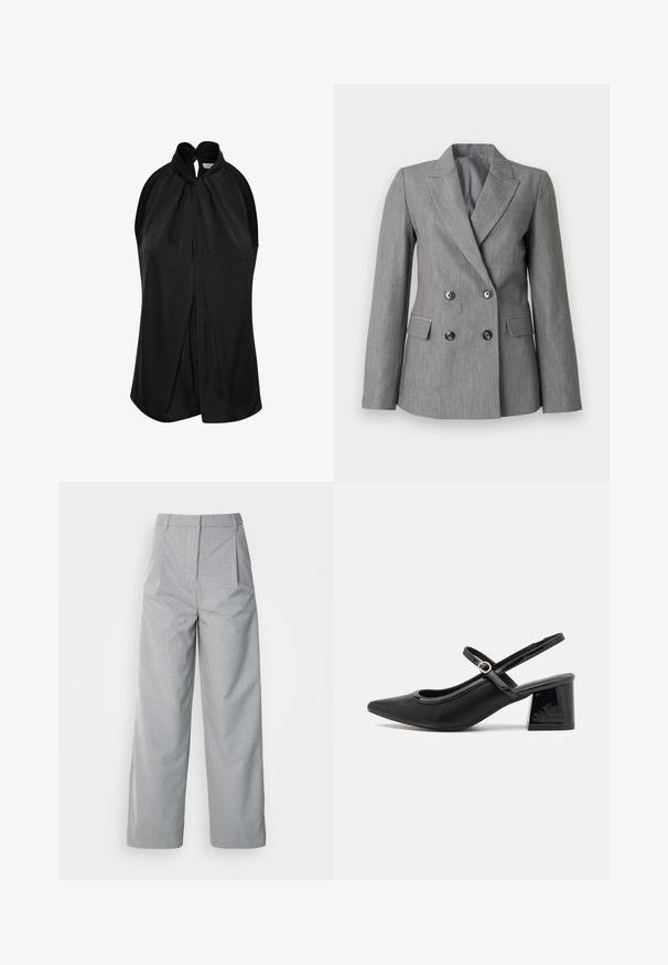 Blazer gris de doble botonadura con tejido texturizado, solapas afiladas, dos bolsillos delanteros y botones negros.; Top negro sin mangas con un cuello halter y un detalle de nudo, fabricado en una tela suave, con un diseño drapeado que cae libremente desde los hombros.; Pantalones de pierna ancha gris hechos de un tejido texturizado, con una cintura alta, pliegues en la parte delantera y corte recto hasta el dobladillo.; Tacones slingback de charol negro con punta afilada, un diseño de corte redondeado y tacón bloque. Incluye un detalle de hebilla en tono dorado.