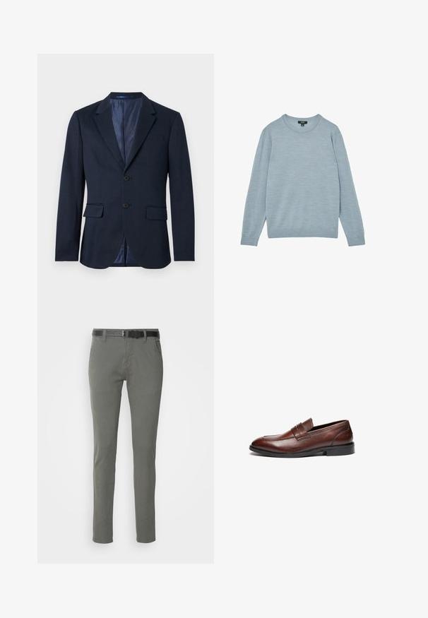 Marineblå herreblazer med to-knaps front, hakkede revers, lommer med klap og mønstret for på hvid baggrund.; Lyseblå sweater lavet af blødt stof, med en rund halsudskæring og lange ærmer. Minimalt design med ribbede manchetter og kant.; Grå bomulds chinos med slim fit, der har et sort bælte, to sidelommer og et enkelt design. Blød tekstur uden synlige mønstre.; Brune læder loafers med en glat finish, rund tå, dekorativ rem og sort gummisål. Har minimal syning detaljer.