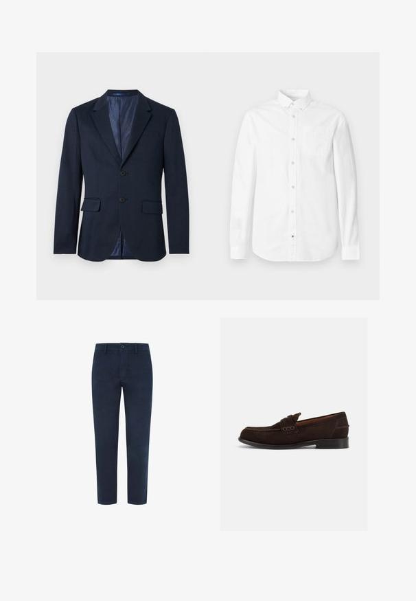 Marineblauer Herrenblazer mit Zwei-Knopf-Verschluss, fallendem Revers, Klappentaschen und gemusterter Innenfutter auf weißem Hintergrund.; Weißes Langarmhemd aus Baumwolle. Verfügt über einen Button-Down-Kragen, eine Brusttasche und eine dezente Textur. Gerade Saumlinie mit Knopfverschlüssen.; Marineblaue Baumwoll-Chinos mit Knopfverschluss, geradem Bein und glatter Textur. Mit Seitentaschen und einer einzelnen Gesäßtasche.; Dunkelbrauner Wildleder-Herrenschuh mit dekorativer Naht und niedrigem Absatz, von der Außenseite auf hellem, einfarbigem Hintergrund dargestellt.