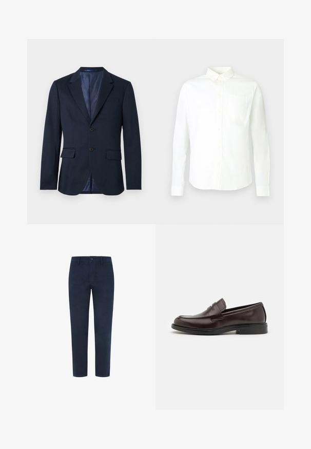 Blazer para hombre azul marino con cierre de dos botones, solapas con muesca, bolsillos con solapa y forro interior estampado sobre un fondo blanco.; Camisa blanca de manga larga con botones, hecha de algodón, con cuello puntiagudo y un solo bolsillo en el pecho izquierdo. Textura suave.; Chinos de algodón azul marino con cierre de botón, patas rectas y una textura suave. Presenta bolsillos laterales y un bolsillo trasero.; Mocasines de cuero marrón con un acabado suave, punta redondeada, sutil detalle de costura y un bajo tacón de goma. Se muestra en vista lateral.