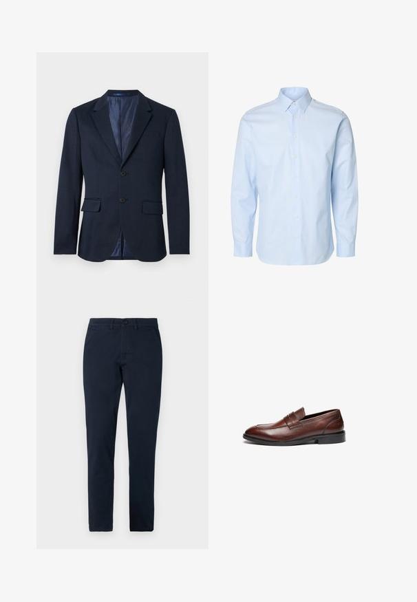 Blazer para hombre azul marino con cierre de dos botones, solapas con muesca, bolsillos con solapa y forro interior estampado sobre un fondo blanco.; Camisa de hombre de manga larga en azul claro con cierre de botones y cuello estándar sobre fondo blanco.; Pantalones negros de corte ajustado para hombre con cierre frontal de botón y cremallera, trabillas para cinturón y bolsillos laterales.; Mocasines de cuero marrón con un acabado suave, puntera redondeada, tira decorativa y suela de goma negra. Presentan un detalle de costura mínima.