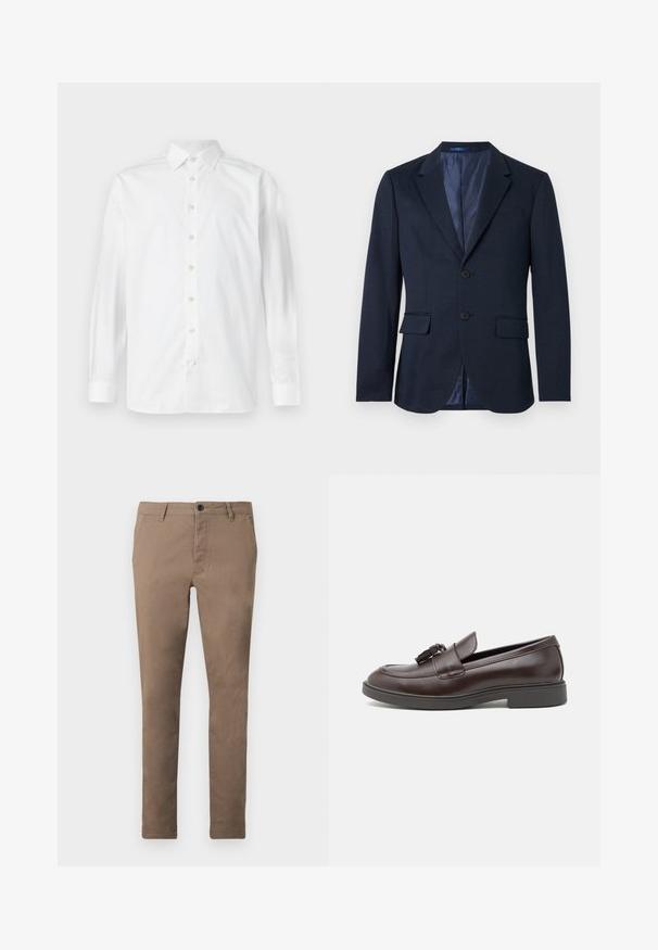 Marineblauwe herenblazer met een voorzijde met twee knopen, verzonken revers, klepzakken en een patroon aan de binnenvoering, afgebeeld op een witte achtergrond.; Wit overhemd met lange mouwen, knoopsluiting, spreidkraag en knoopmanchetten, weergegeven op een effen witte achtergrond.; Bruine slim-fit herenbroek met knoop- en ritssluiting aan de voorkant, riemlussen en zijzakken, plat uitgestald op een witte achtergrond.; Bruine leren loafers met een ronde neus, een decoratieve kwast, gestikte details en een lage rubberen hak voor extra comfort.